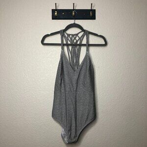 Prana Heathered Gray One-Piece Swimsuit NWT Women's L Strappy Back 50+ UPF